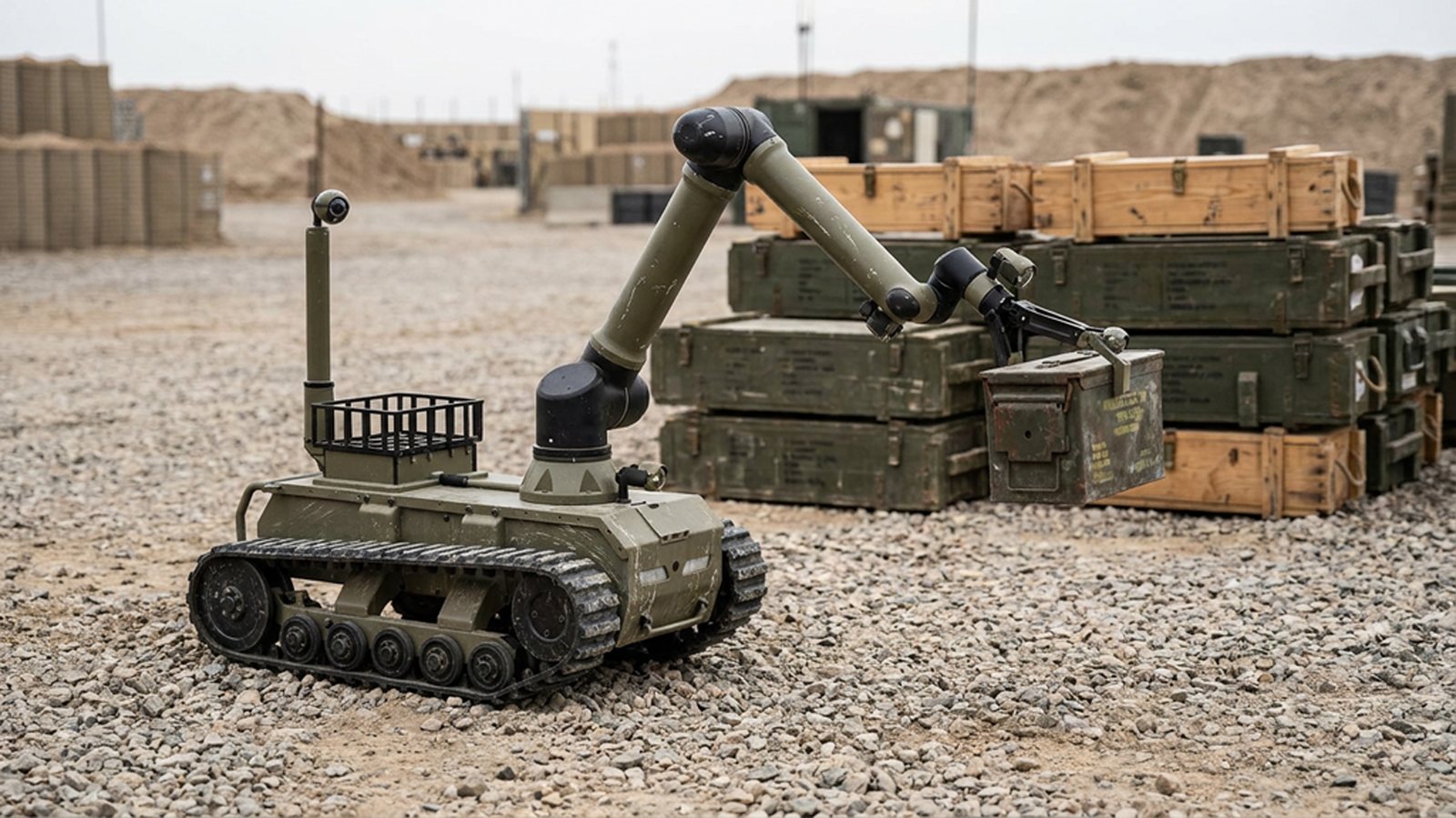 Concept render of the EOD ARM lifting the lid of a wooden ammunition crate at a storage site