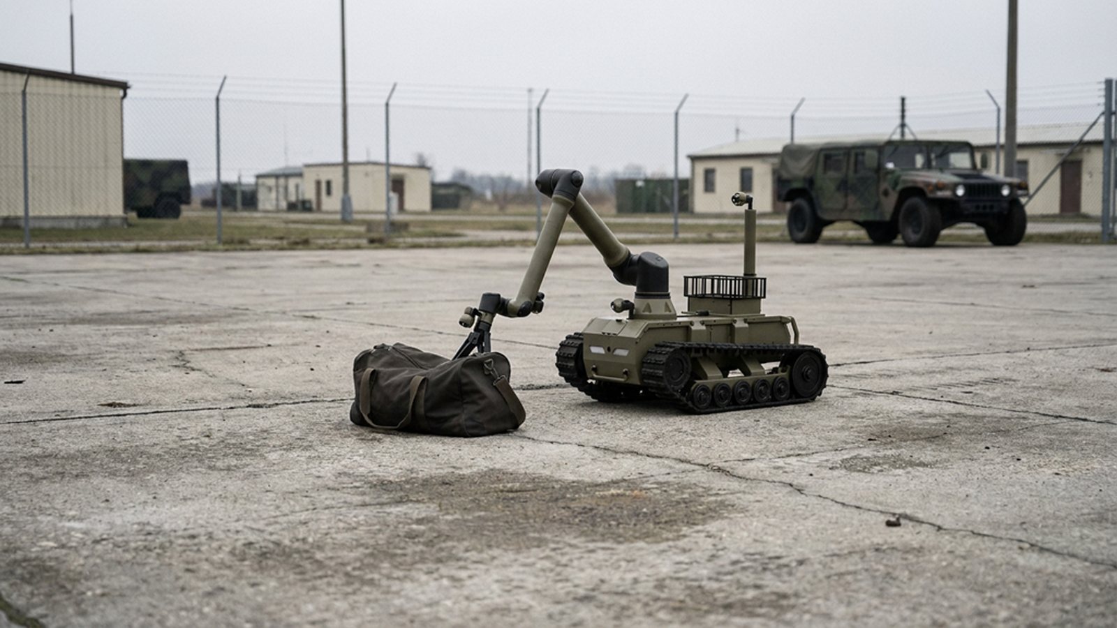 Concept render of the EOD ARM gripping an abandoned duffel bag on an open concrete apron