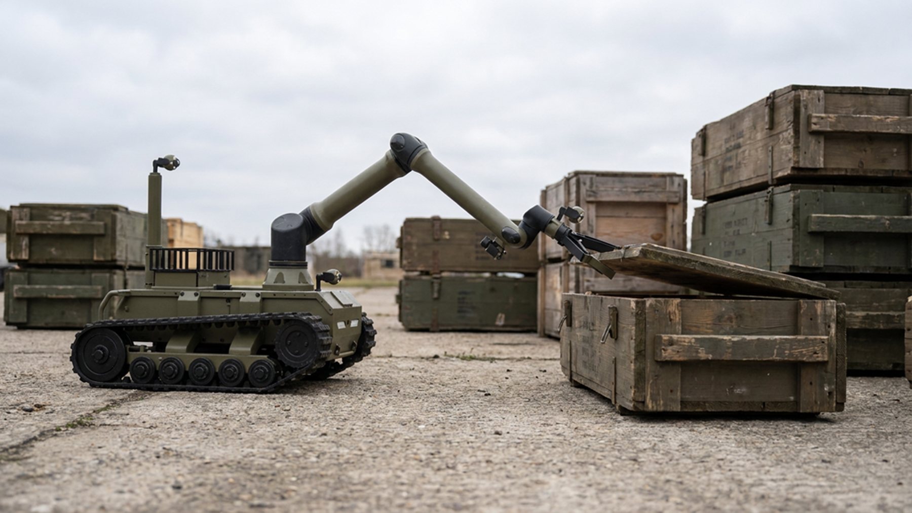 Concept render of the MRAZ3 UGV with the EOD ARM manipulator lifting an ammunition box beside stacked crates