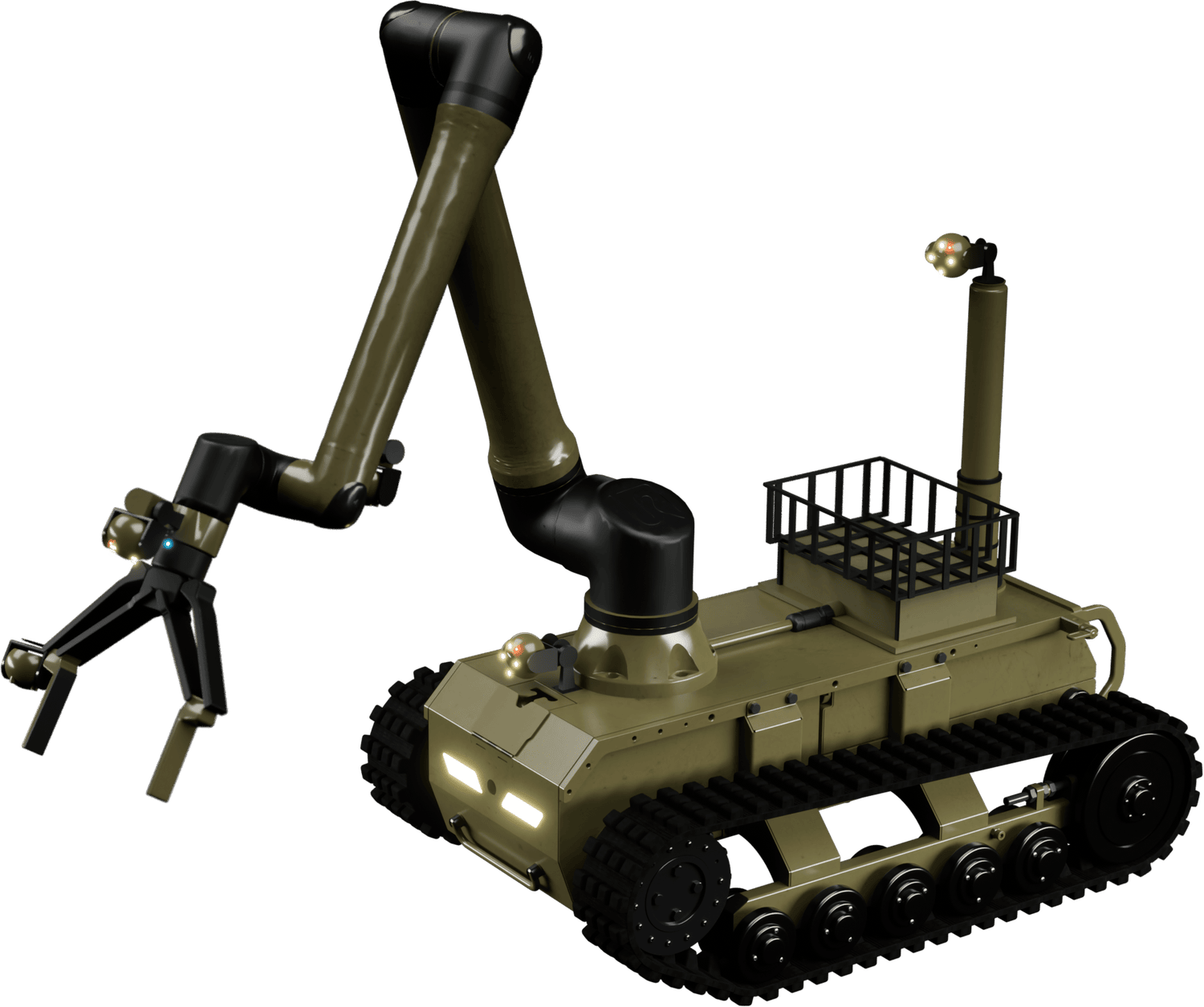 Concept render of the MRAZ3 UGV with the EOD ARM manipulator extended, three-quarter view